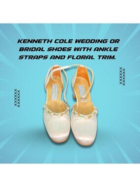 Kenneth Cole Wedding / Bridal Shoes With Ankle Straps & Floral Trim Size 7 Satin